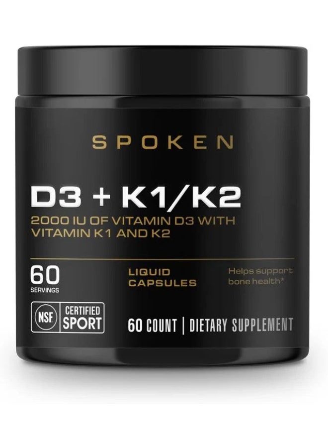 SPOKEN D3 + K1/K2 2000IU Vitamin D3 with Vitamin K1 & K2 60 Count – Bone & Immune Support - Image 1
