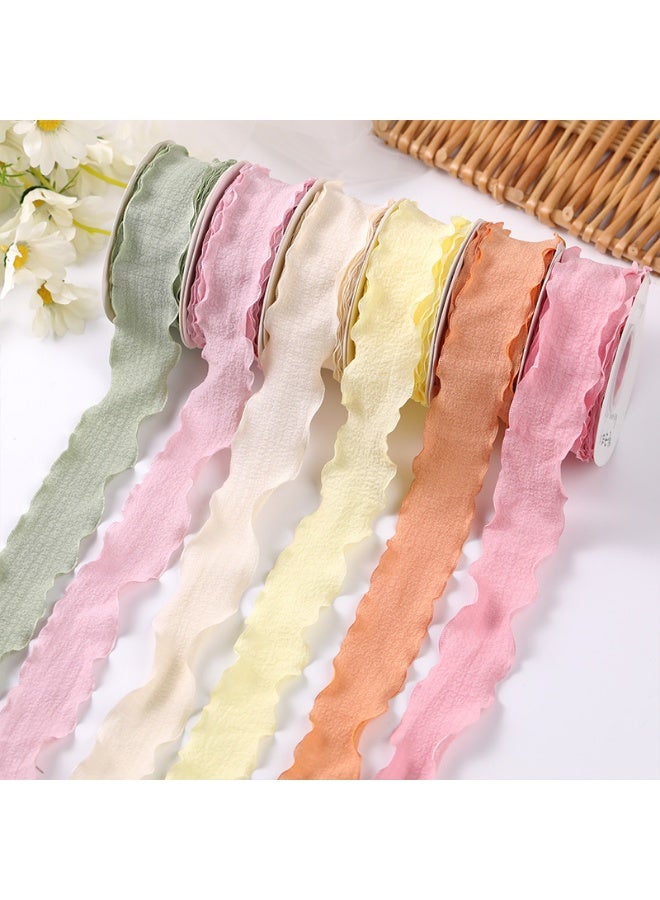 6 Rolls of Double-Sided Satin Ribbon，4cm x 10 yards，Double-Faced Wrinkled Ribbon Linen Wave Edge Ribbon，for DIY Crafts, Bows, Gift Wrapping - Frayed Edge Linen Wave Ribbons for Bouquets, Cake Decor, - Image 1