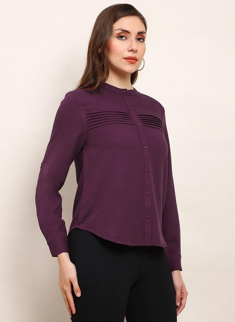 Globus Women Burgundy Mandarin Collar Cuffed Sleeves Solid Curved Hem Pleated Workwear Shirt - Image 1