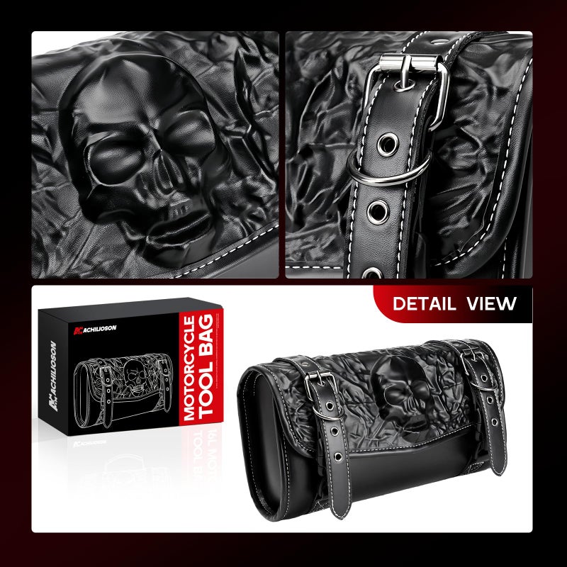 Achilioson 7.14L Motorcycle Saddlebag 3D Skull Embossed PU Leather, Universal Waterproof Black Motorcycle Side Bags Storage Pouch for Most Motorcycles - Image 5