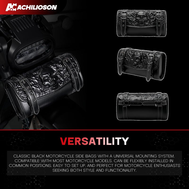 Achilioson 7.14L Motorcycle Saddlebag 3D Skull Embossed PU Leather, Universal Waterproof Black Motorcycle Side Bags Storage Pouch for Most Motorcycles - Image 2