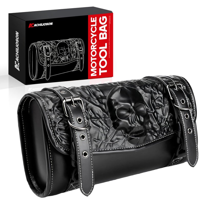 Achilioson 7.14L Motorcycle Saddlebag 3D Skull Embossed PU Leather, Universal Waterproof Black Motorcycle Side Bags Storage Pouch for Most Motorcycles - Image 1