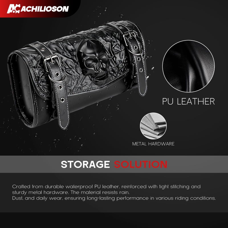 Achilioson 7.14L Motorcycle Saddlebag 3D Skull Embossed PU Leather, Universal Waterproof Black Motorcycle Side Bags Storage Pouch for Most Motorcycles - Image 4