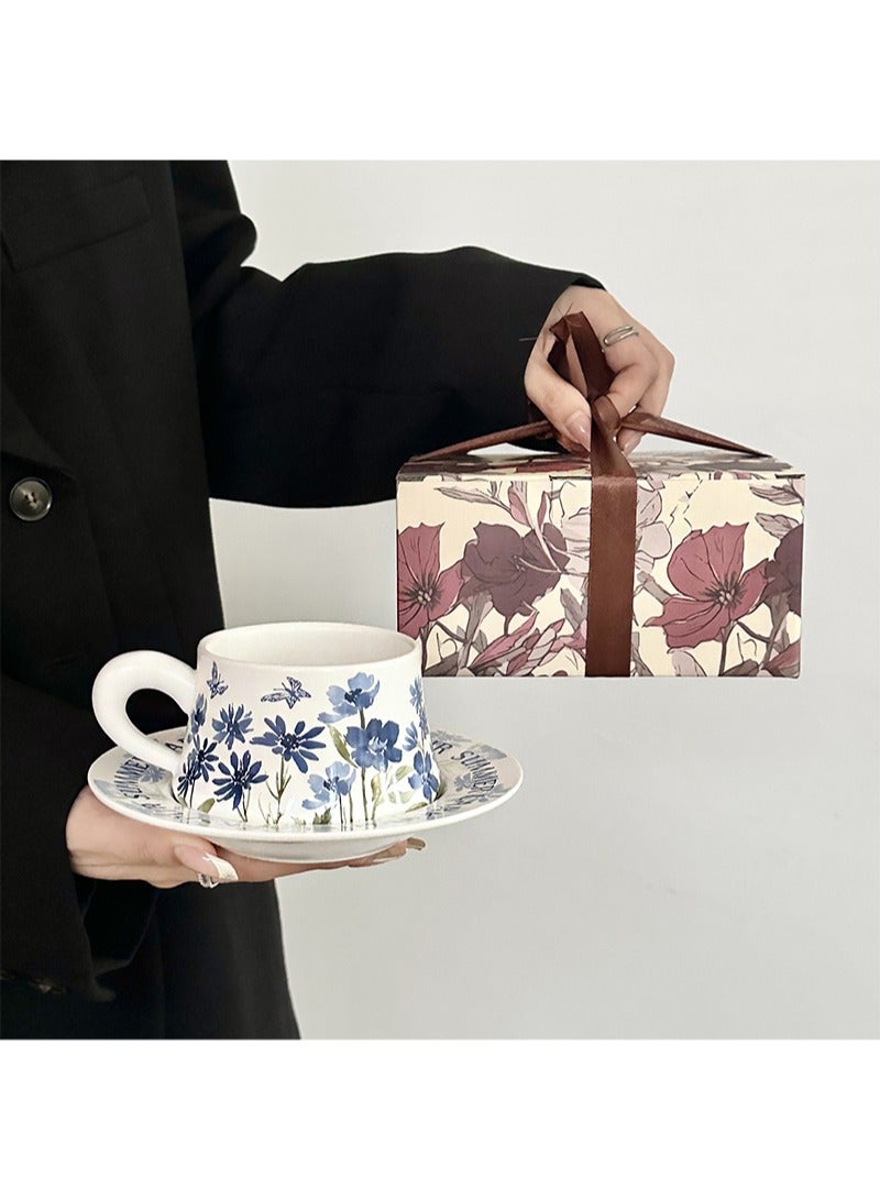 Aikanbo Ceramic Coffee Cup and Saucer Gift Box Set，Vintage Floral Design，Perfect for Espresso，Tea or Coffee Lovers， Gift Boxed for Home，Office or Special Occasion (Blue Phalaenopsis)  - Image 1