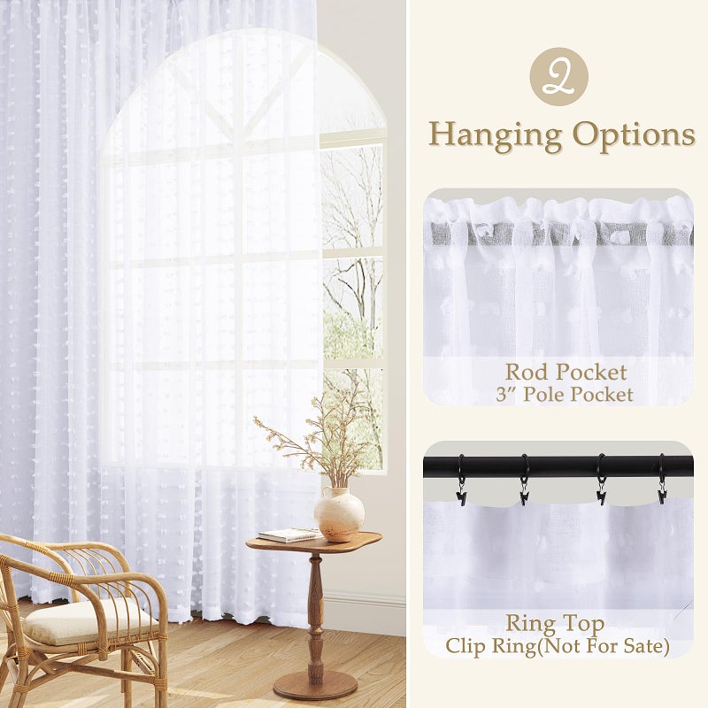 Guken Sheer Curtains 84 Inch Length 2 Panels Sets for Living Room Bedroom 52 Inch Width Farmhouse Boho Drapes Light Filtering Pom Pom Curtains Tufted Semi Sheer Kids Rod Pocket,White,W52xL84 - Image 3