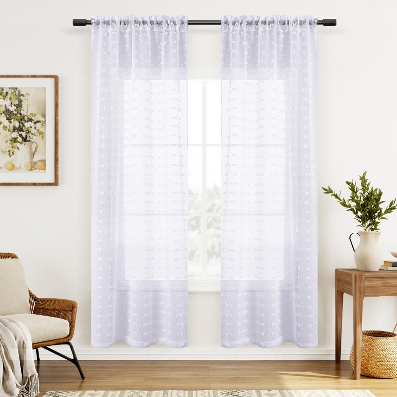 Guken Sheer Curtains 84 Inch Length 2 Panels Sets for Living Room Bedroom 52 Inch Width Farmhouse Boho Drapes Light Filtering Pom Pom Curtains Tufted Semi Sheer Kids Rod Pocket,White,W52xL84 - Image 2