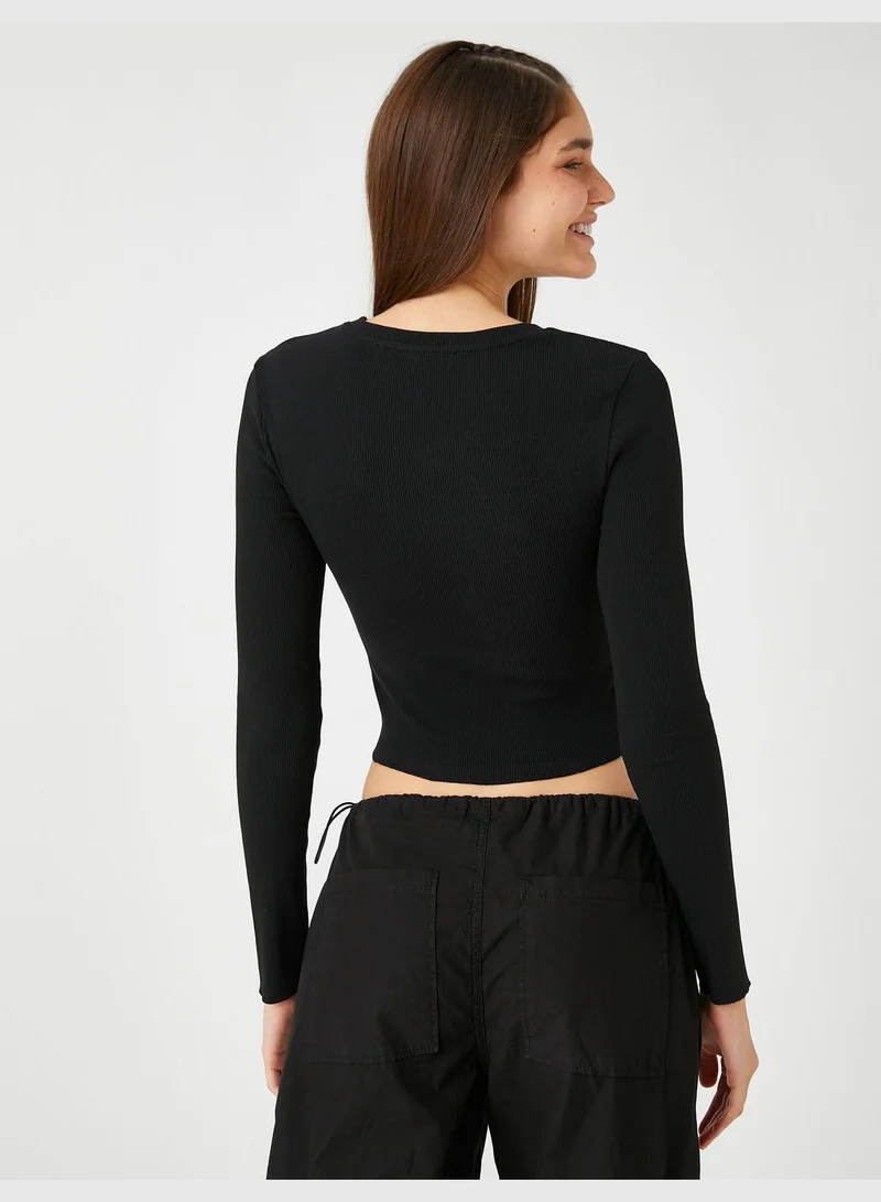 كوتون Crop T-Shirt Long Sleeve Crew Neck Printed