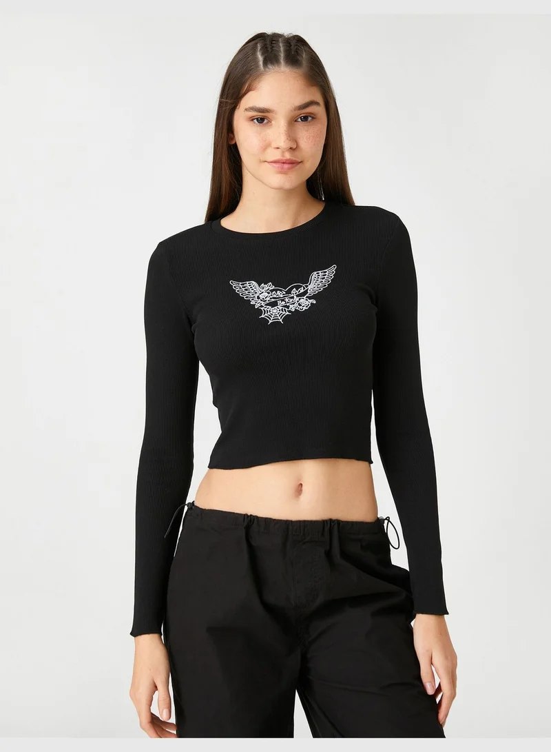 كوتون Crop T-Shirt Long Sleeve Crew Neck Printed