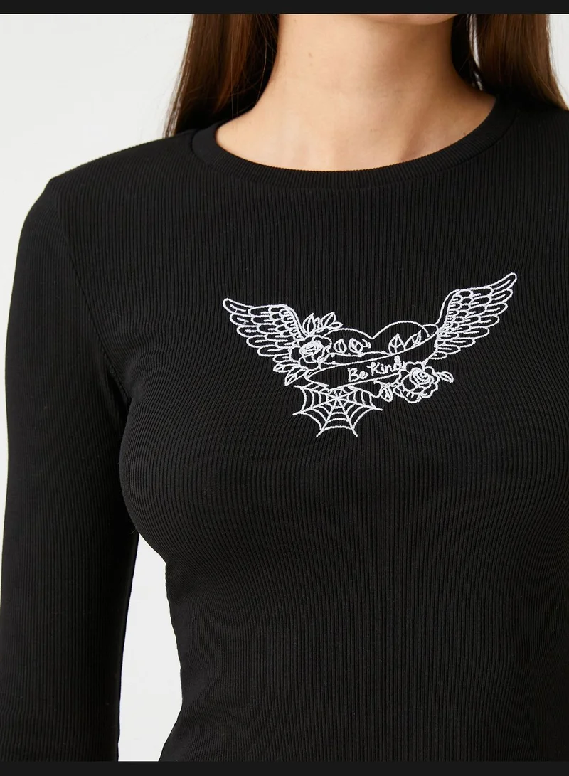 كوتون Crop T-Shirt Long Sleeve Crew Neck Printed