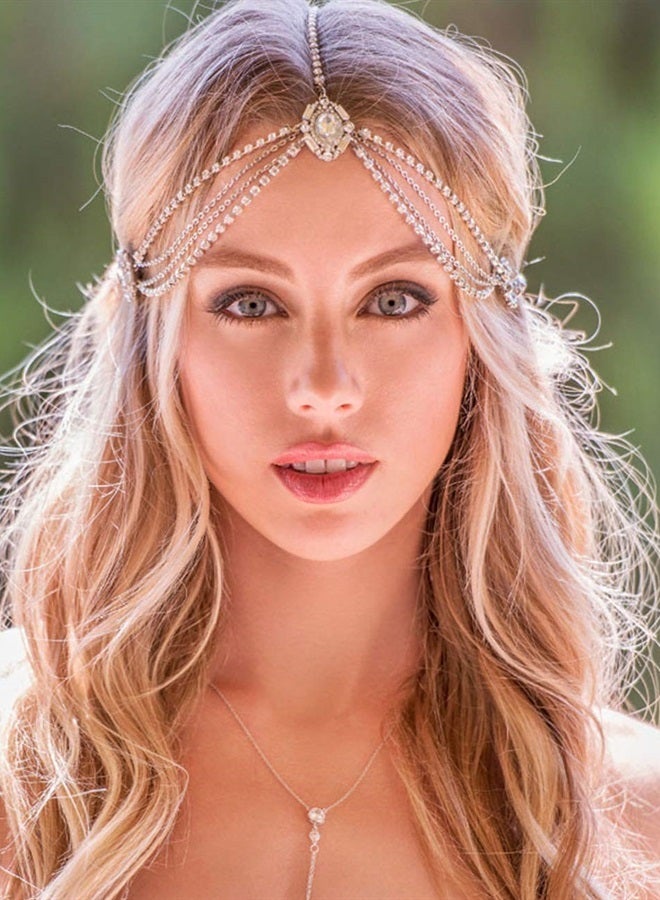 Missgrace سلسلة رأس ذهبية فضية مزينة بالأحجار الكريمة للنساء للعرائس والفتيات (ذهبي) - Image 1