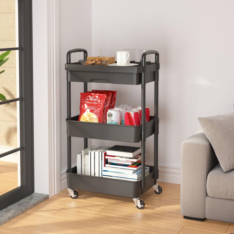 Calmootey 3-Tier Rolling Utility Cart with Drawer,Multifunctional Storage Organizer with Plastic Shelf & Metal Wheels,Storage Cart for Kitchen,Bathroom,Living Room,Office,Black - Image 4