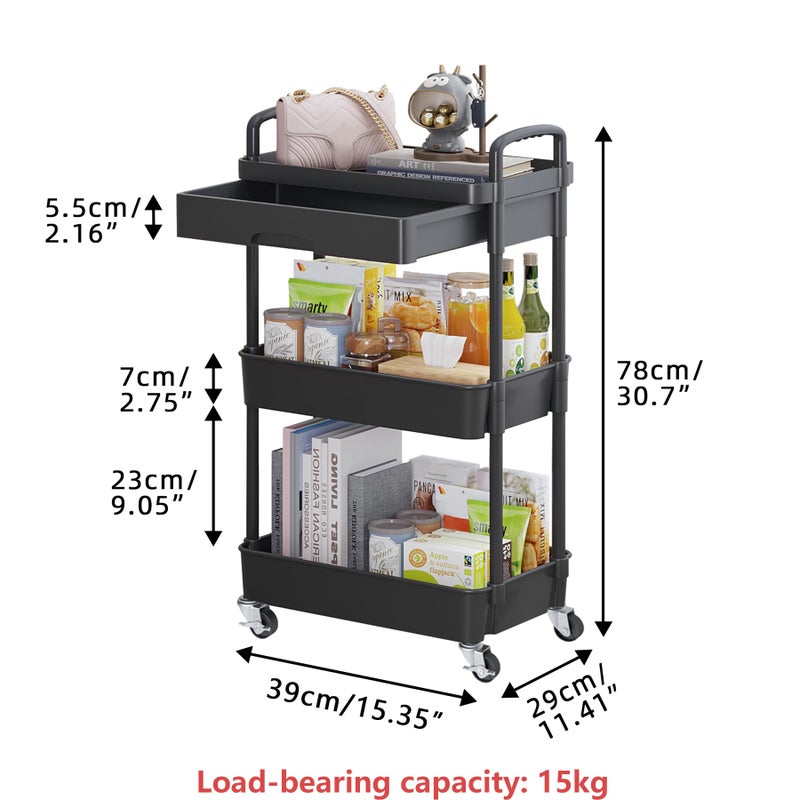 Calmootey 3-Tier Rolling Utility Cart with Drawer,Multifunctional Storage Organizer with Plastic Shelf & Metal Wheels,Storage Cart for Kitchen,Bathroom,Living Room,Office,Black - Image 5