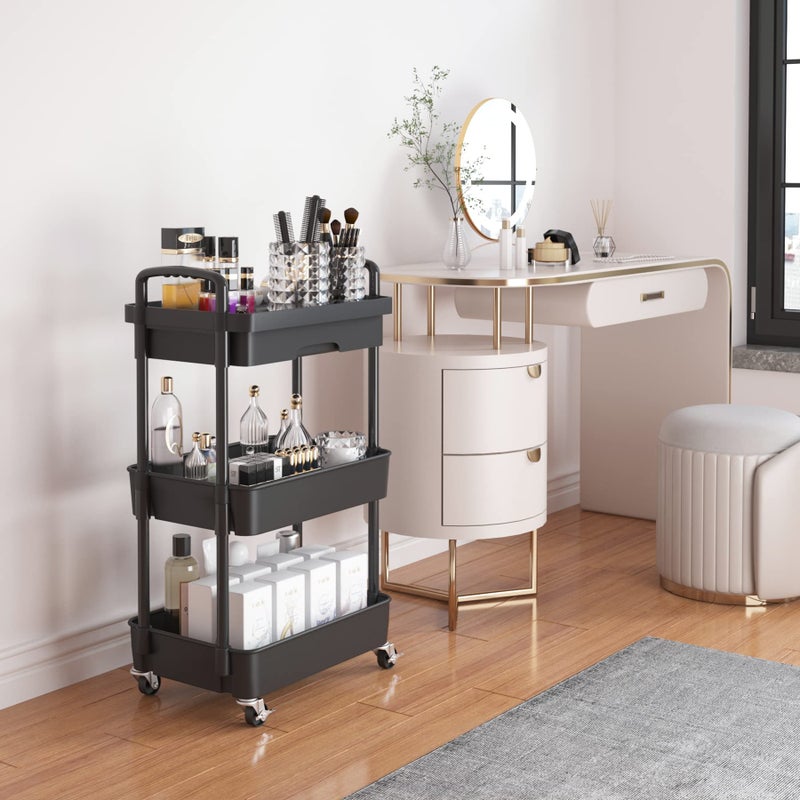 Calmootey 3-Tier Rolling Utility Cart with Drawer,Multifunctional Storage Organizer with Plastic Shelf & Metal Wheels,Storage Cart for Kitchen,Bathroom,Living Room,Office,Black - Image 2