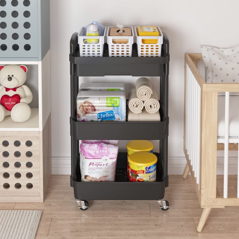 Calmootey 3-Tier Rolling Utility Cart with Drawer,Multifunctional Storage Organizer with Plastic Shelf & Metal Wheels,Storage Cart for Kitchen,Bathroom,Living Room,Office,Black - Image 3