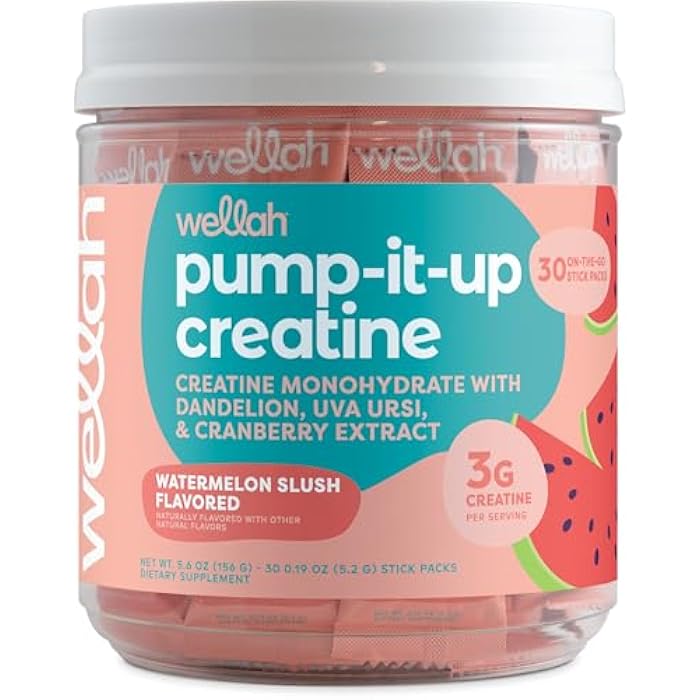 Wellah Pump-It-Up Creatine for Women (Watermelon Slush) 30 Stick Packs - 3g of Creatine Monohydrate with Dandelion, Uva Ursi, & Cranberry Extract, to-Go Packets - Image 1