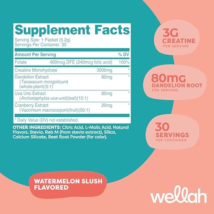 Wellah Pump-It-Up Creatine for Women (Watermelon Slush) 30 Stick Packs - 3g of Creatine Monohydrate with Dandelion, Uva Ursi, & Cranberry Extract, to-Go Packets - Image 2