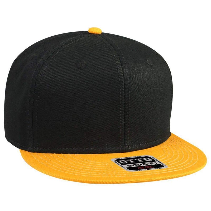 OTTO SNAP Cotton Twill Round Flat Visor 6 Panel Pro Style Snapback Hat - Gld/Blk/Blk - Image 1