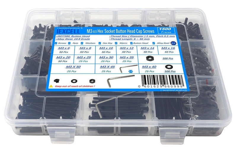 iexcell 1500 Pcs M3 x 6/8/10/12/14/16/20/25/30/35/40/45/50 Alloy Steel 10.9 Grade Hex Socket Button Head Cap Screws Bolts Nuts Washers Assortment Kit, Black Oxide Finish - Image 1