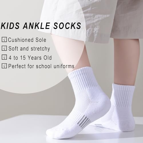 EPEIUS Kids Girls' Cushioned Quarter Socks Thick Cotton Running Socks Ankle Athletic Socks Short Sports Socks 11-15 Years White 6 Pack L - Image 2