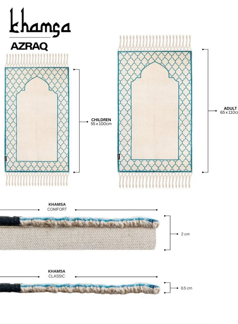KHAMSA Classic | Muslim Prayer Rug Prayer Mat Children Size 55 cm x 100 cm Arabic Style Janamaz in 100% Soft Organic Cotton Fabric Handcrafted Arabic Design | Azraq - Blue