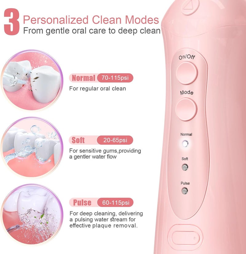 Nicefeel Water Dental Flosser Teeth Pick - Fast Charge Cordless Teeth Cleaner, 3 Modes Portable Oral Irrigator, IPX7 Waterproof Electric Water Dental Flosser for Tonsil Stone, 300ML Tank (Pink) - Image 3