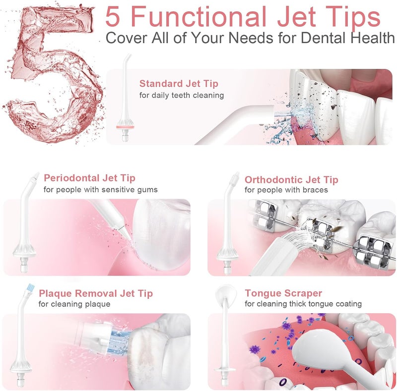 Nicefeel Water Dental Flosser Teeth Pick - Fast Charge Cordless Teeth Cleaner, 3 Modes Portable Oral Irrigator, IPX7 Waterproof Electric Water Dental Flosser for Tonsil Stone, 300ML Tank (Pink) - Image 2