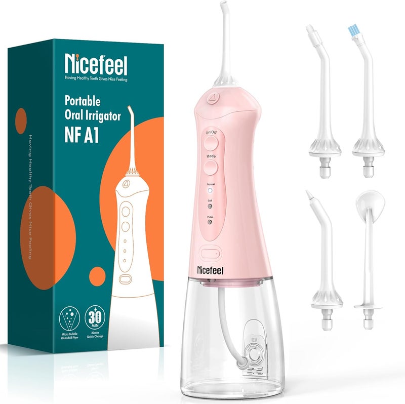 Nicefeel Water Dental Flosser Teeth Pick - Fast Charge Cordless Teeth Cleaner, 3 Modes Portable Oral Irrigator, IPX7 Waterproof Electric Water Dental Flosser for Tonsil Stone, 300ML Tank (Pink) - Image 1