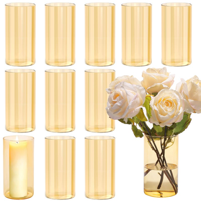TBWIND 12pcs Glass Gold Amber Cylinder Vases for Centerpieces 6 Inch Champagne Flower Vases for Wedding Decorations Indoor Home Decor Hurricane Candle Holder for Table Shelf Party