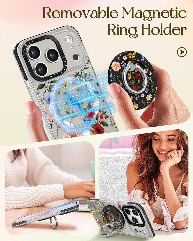 Lotadilo Case for iPhone 17 Pro Case Compatible with Magsafe Ring Holder Stand - for Women Retro Flower Design TPU Phone Cover for Girls Girly Funny Fashion - Image 4