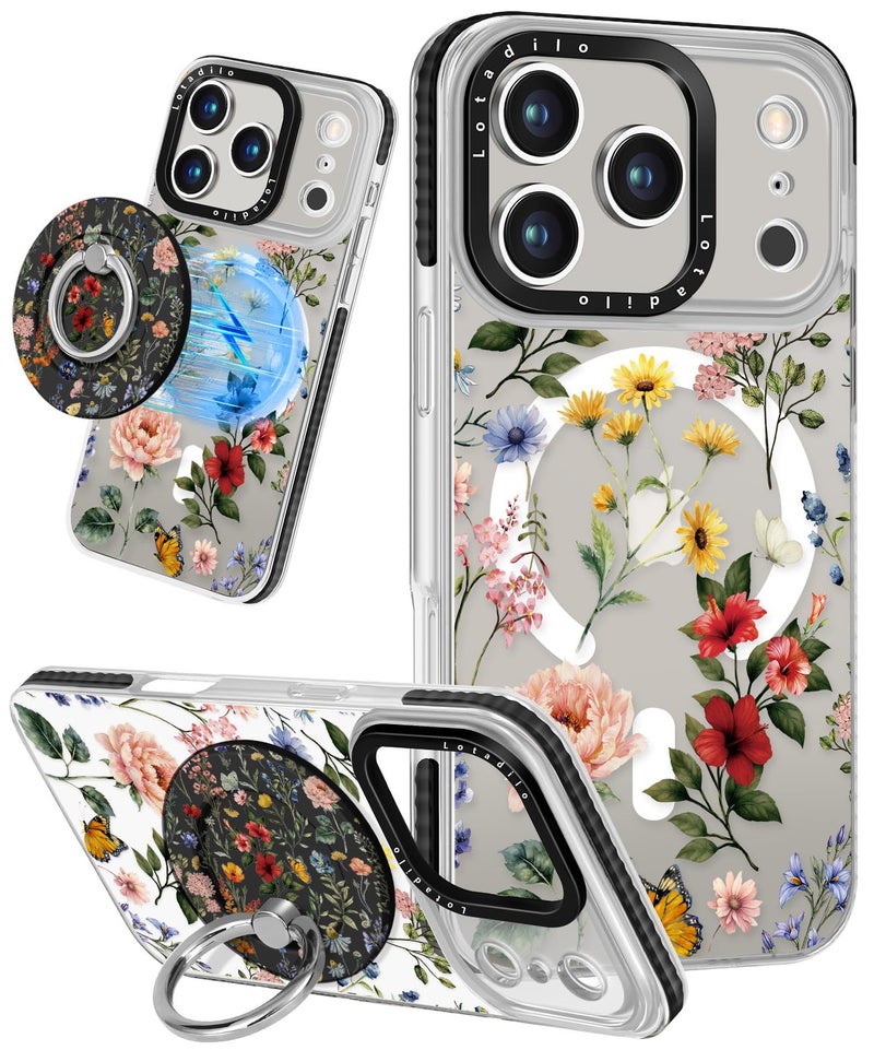 Lotadilo Case for iPhone 17 Pro Case Compatible with Magsafe Ring Holder Stand - for Women Retro Flower Design TPU Phone Cover for Girls Girly Funny Fashion - Image 1