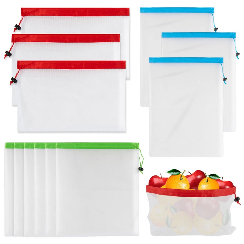 MAQIHAN 12PCS Reusable Produce Bags Mesh Produce Bags Drawstring Reusable Washable Vegetable Storage Bags Refrigerator Keep Fresh Grocery Food Fruits Veggie Green Net Bag Toy Storage Zero Waste Shop