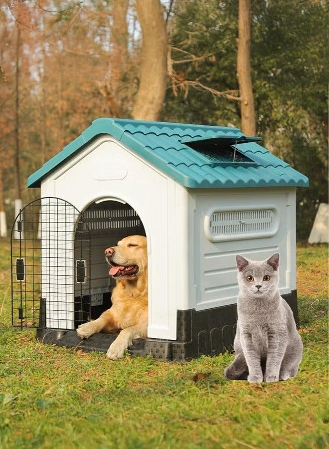 WALALLA Dog House with Iron Gate Outdoor Plastic Dog House Water Resistant Pet House with Adjustable Skylight and Elevated Base for Small Dogs 68*57*66cm - Image 1