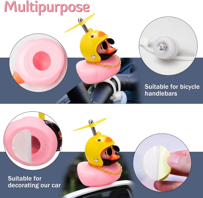 wonuu Rubber Duck Car Ornaments, 2Pcs Yellow Duck Car Dashboard Decorations Squeeze Duck Bicycle Horns with Propeller Helmet - Image 3