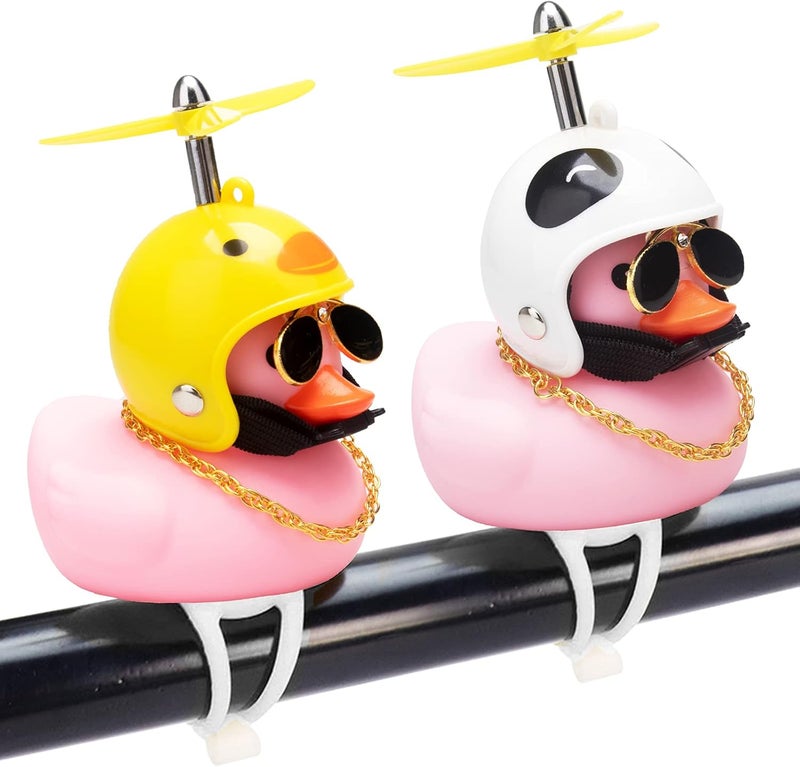 wonuu Rubber Duck Car Ornaments, 2Pcs Yellow Duck Car Dashboard Decorations Squeeze Duck Bicycle Horns with Propeller Helmet - Image 1