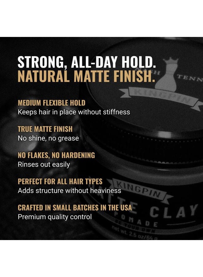 Kingpin Matte Clay Hair Wax for Men - Flexible Hold & Natural Finish - Non-Flaking, Hydrating Styling Clay for All Hair Types - 2.5oz travel size - Image 2