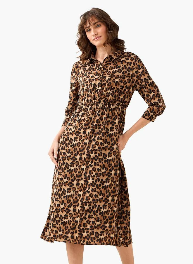 Splash FAV Midi Cotton Shirt Dress with Animal Print