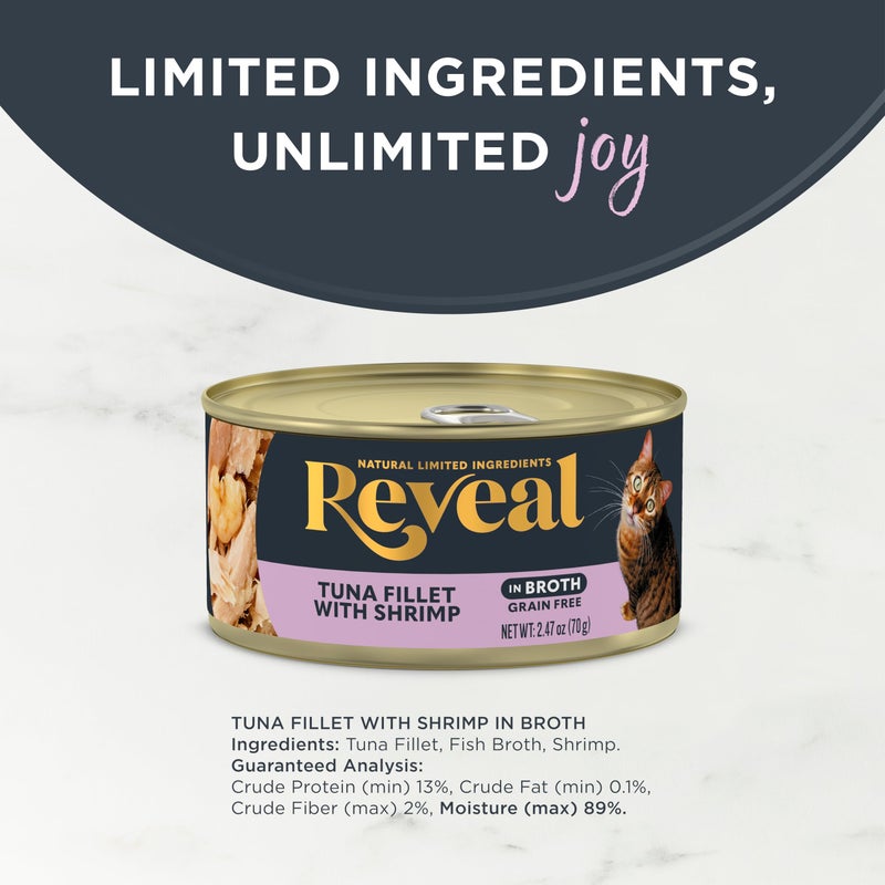 Reveal Natural Wet Canned Cat Food, Limited and Natural Ingredients, Grain Free, High Protein with No Artificial Additives, Tuna Fillet with Shrimp in Broth (24 x 2.47 oz Cans) - Image 3