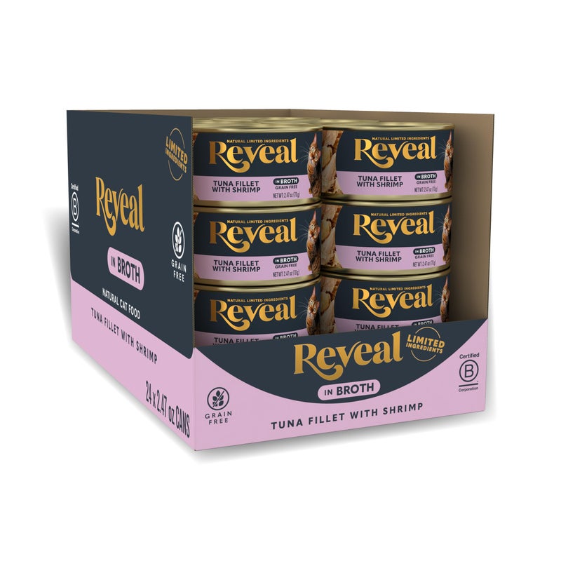 Reveal Natural Wet Canned Cat Food, Limited and Natural Ingredients, Grain Free, High Protein with No Artificial Additives, Tuna Fillet with Shrimp in Broth (24 x 2.47 oz Cans) - Image 1