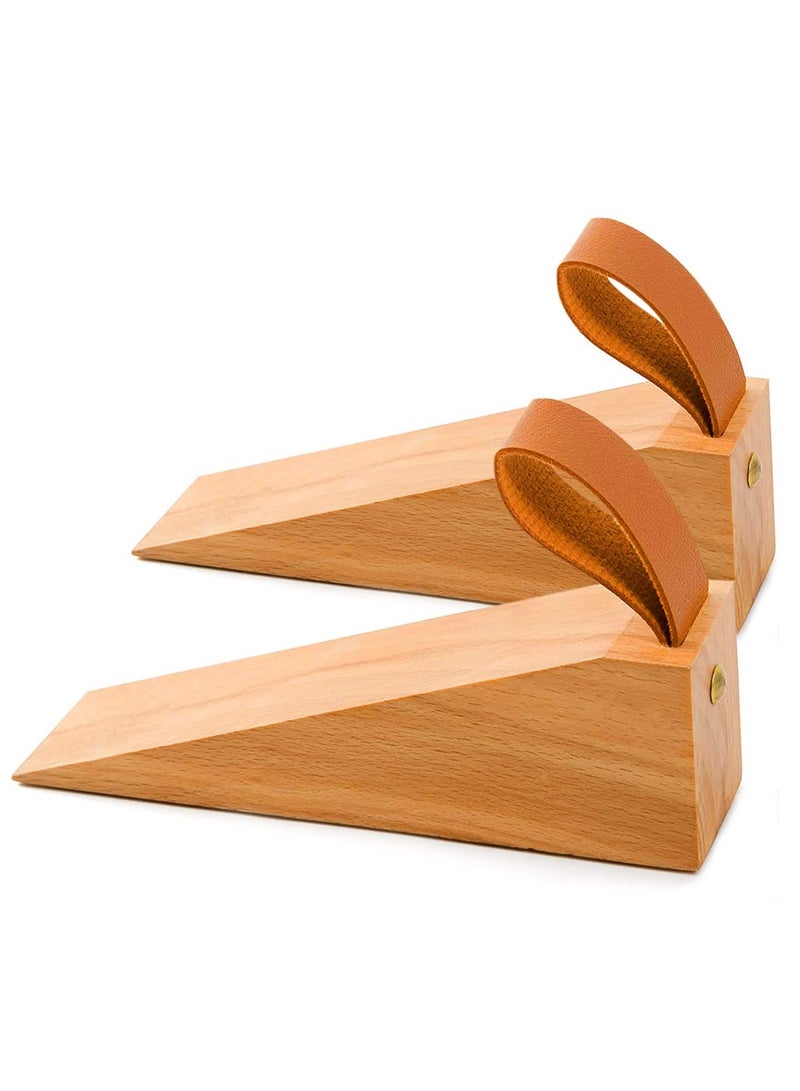 واي آند دي Wood Door Stopper, 2PCS Solid Wooden Non-slip Wedges with Leather Band, Stoppers for Bottom Seam of Door, 0.2"-1.3" Wedge Stopper Keep Open - Image 1