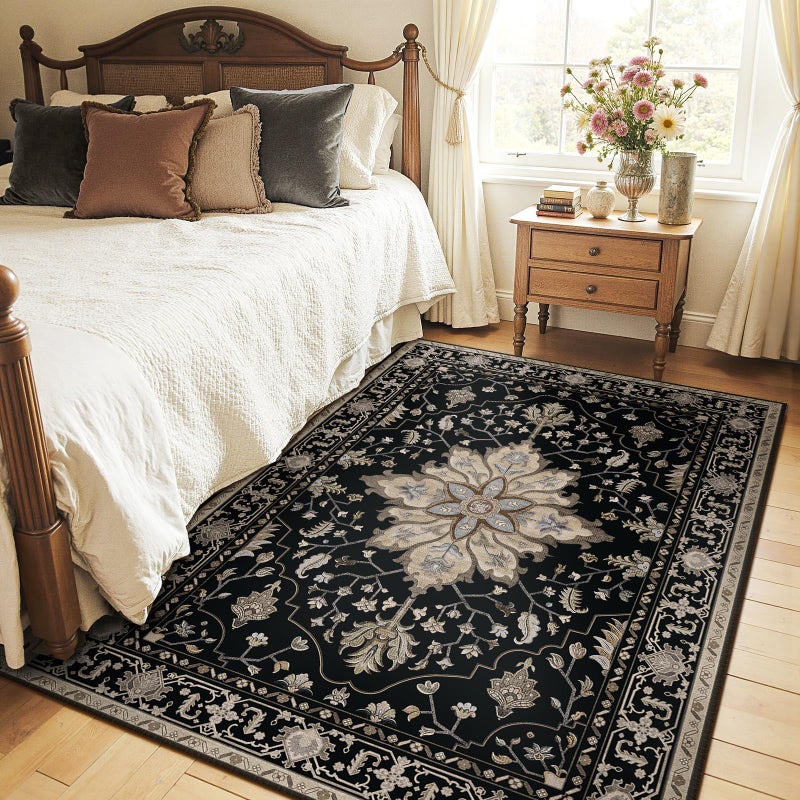 RELEANY Area Rugs 4'x6' Washable Non-Slip  Floral Vintage Distress Print Pattern Medallion Carpet for Living Room Bedroom Dining Room  Black Brown Neutral Dark Tan - Image 2
