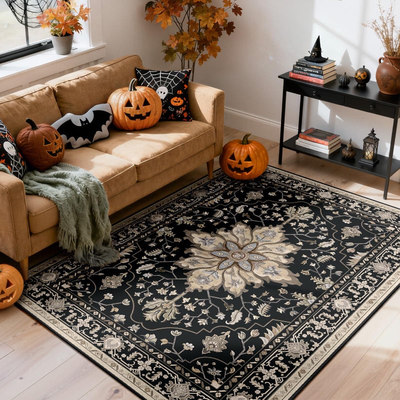 RELEANY Area Rugs 4'x6' Washable Non-Slip  Floral Vintage Distress Print Pattern Medallion Carpet for Living Room Bedroom Dining Room  Black Brown Neutral Dark Tan - Image 1
