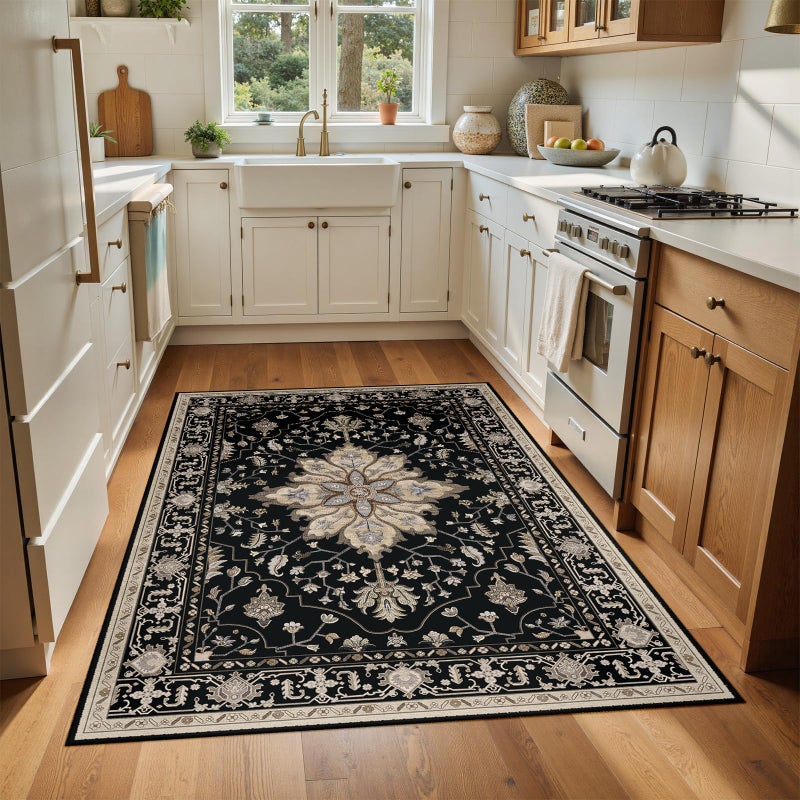 RELEANY Area Rugs 4'x6' Washable Non-Slip  Floral Vintage Distress Print Pattern Medallion Carpet for Living Room Bedroom Dining Room  Black Brown Neutral Dark Tan - Image 3