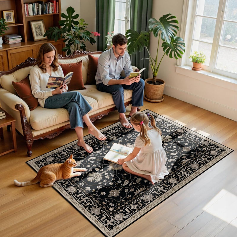 RELEANY Area Rugs 4'x6' Washable Non-Slip  Floral Vintage Distress Print Pattern Medallion Carpet for Living Room Bedroom Dining Room  Black Brown Neutral Dark Tan - Image 4