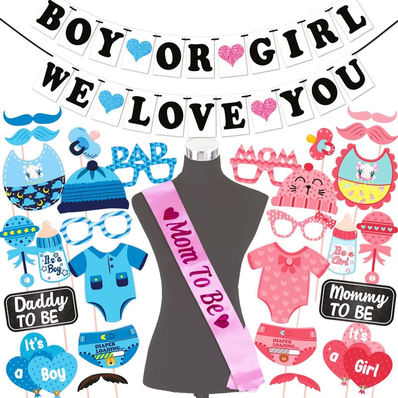 WOBBOX Baby Shower Combo of Party Props 28 Pcs with Blue & Pink Heart Boy Or Girl We Love You Bunting Banner, with Mom to be Light Pink Sash Baby Shower Decoration Item (Pack of 3) - Image 1