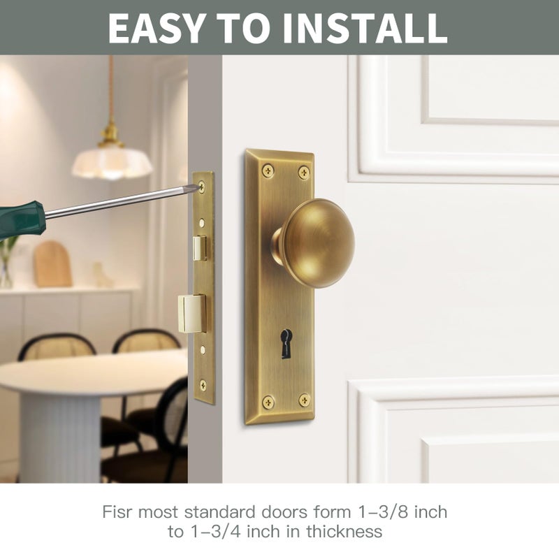 Newliplace Mortise Lock Set for Interior Door, Vintage Antique Brass Door Knobs with Lock and Skeleton Key, Replacing Old Style Doors - Image 2