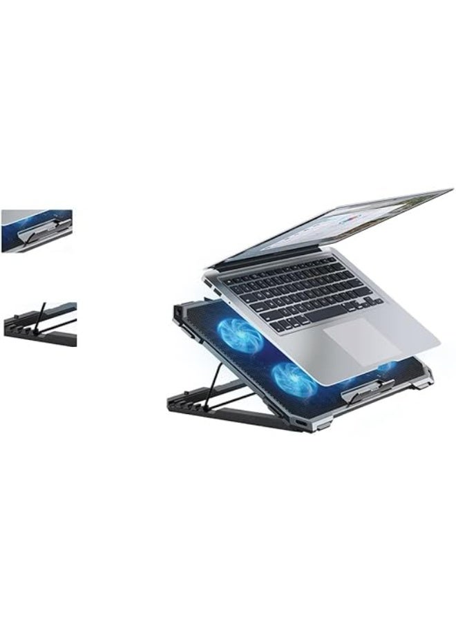 حامل تبريد لابتوب للألعاب – 6 مراوح LED زرقاء، شبكة حديدية، منفذين USB، يدعم أجهزة 12"-17" - Image 3