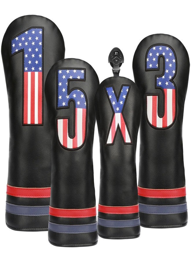 PONADA Golf Club Head Covers, 4pcs USA Flag Golf Club Covers for Woods and Driver Fairway Hybrid, Premium PU Leather Patriotic Golf Head Covers for Men Women - Fits Most Golf Clubs(Black) - Image 1