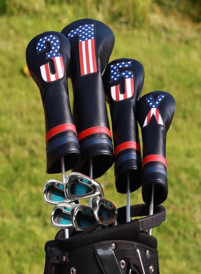 PONADA Golf Club Head Covers, 4pcs USA Flag Golf Club Covers for Woods and Driver Fairway Hybrid, Premium PU Leather Patriotic Golf Head Covers for Men Women - Fits Most Golf Clubs(Black) - Image 2
