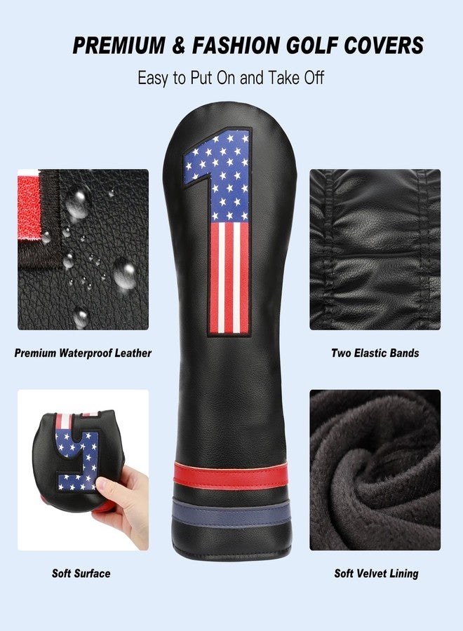 PONADA Golf Club Head Covers, 4pcs USA Flag Golf Club Covers for Woods and Driver Fairway Hybrid, Premium PU Leather Patriotic Golf Head Covers for Men Women - Fits Most Golf Clubs(Black) - Image 4