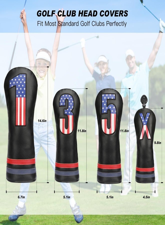 PONADA Golf Club Head Covers, 4pcs USA Flag Golf Club Covers for Woods and Driver Fairway Hybrid, Premium PU Leather Patriotic Golf Head Covers for Men Women - Fits Most Golf Clubs(Black) - Image 3